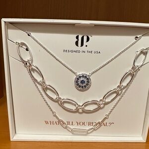 Luxe layers spring 2026.  Elegant Silver Necklace Set with Blue Accents